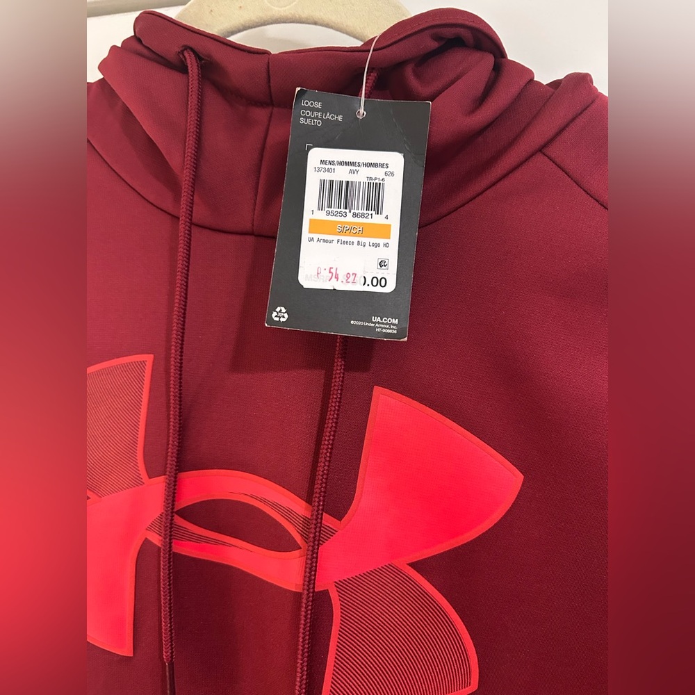 NWT Under Armour Armour Maroon Fleece Big Logo Hoodie Men’s Size S Sweatshirt - Picture 5 of 8